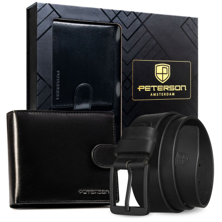  Handbags, Wallets & Cases  - Set cadou: portofel orizontal bărbătesc de culoare neagră și curea din piele naturală cu cataramă clasică - Peterson