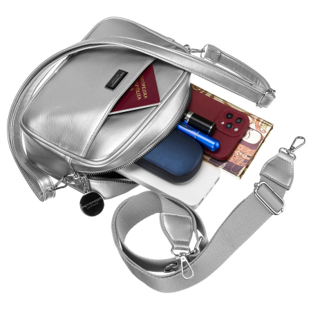 Geantă de damă la modă, argintie, cu curea lată și îngustă, set Peterson PTR-PTN STY-2-PIL SILVER [10]