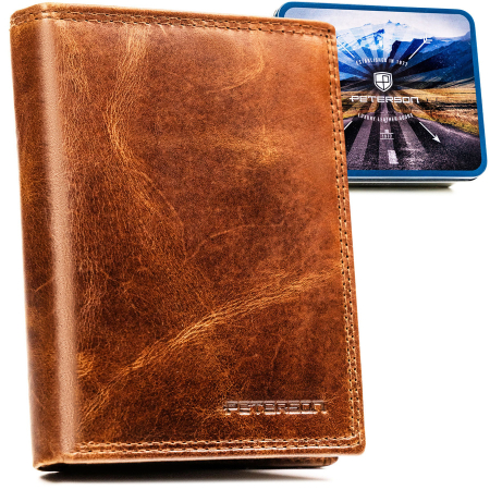  Wallets & Money Clips - Portofel bărbătesc vertical din piele maro, fără închidere exterioară - Peterson PTR-PTN N4-LWC-0697 COGN