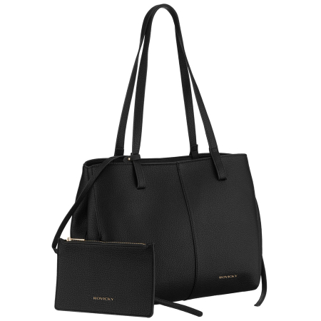  Handbags - Geantă mare de damă, din piele ecologică neagră, suspendată pe mânere confortabile, cu husă detașabilă inclusă - Rovicky