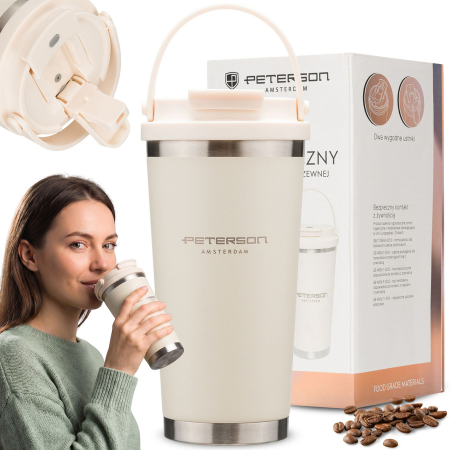 Produse noi - Cană termică practică din oțel inoxidabil ecru cu mâner practic, capacitate 560 ml - Peterson