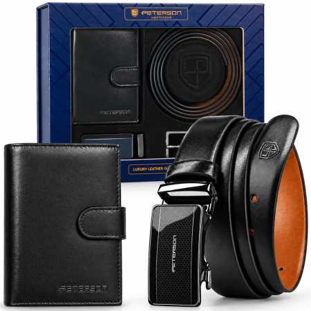  Handbags, Wallets & Cases  - Set cadou: Portofel vertical din piele neagră cu închidere cu capsă și curea reversibilă cu catarame interschimbabile - Peterson - Riccardo – Cavaliere Nero