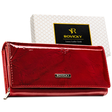 Portofele Dama - Portofel mare de damă din piele lăcuită roșie, confecționat din piele naturală și ecologică, protecție RFID - Rovicky PTR-RPN-28-YM-5838