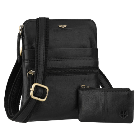  Handbags - Geantă bărbătească din piele naturală neagră, închisă cu fermoar și suspendată pe o curea reglabilă - Peterson