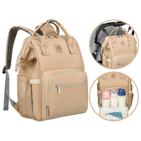 Genti Dama - Rucsac multifunctional pentru mamici cu buzunare cu fermoar de culoare bej - Peterson PTR-PTN MB1-5978 BEIGE