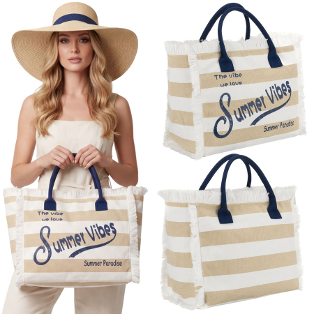 Geantă mare de plajă cu fermoar, albă și bej, geantă shopper - Peterson PTR-PTN MX05-M-WHITE-BEI [14]