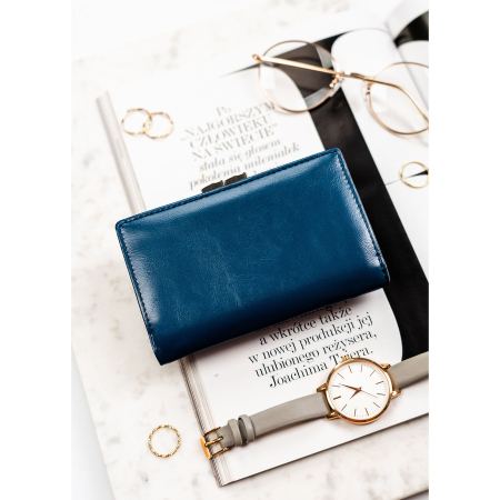 Portofel de damă din piele naturală și ecologică de culoare bleumarin, cu închidere cu capsă și clemă - Peterson PTR-PTN PX23-F773 NAVY [4]