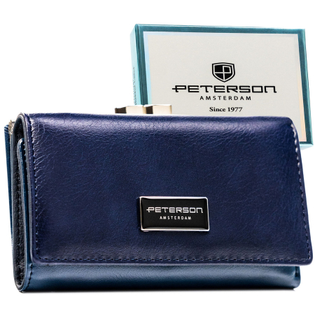  Wallets & Money Clips - Portofel de damă din piele naturală și ecologică de culoare bleumarin, cu închidere cu capsă și clemă - Peterson PTR-PTN PX23-F773 NAVY