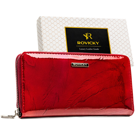 Portofele Dama - Portofel mare de damă cu fermoar, roșu, piele lăcuită, naturală și ecologică, RFID STOP - Rovicky PTR-RPN-25-YM-5814