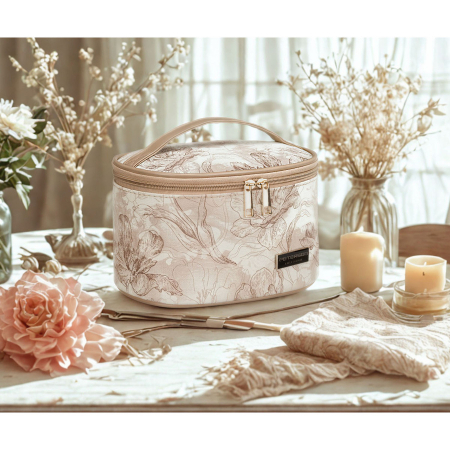 Accesorii Dama - Trusă cosmetică bej deschis, cu model vegetal - Peterson PTR-PTN KOS-J02-0079 L03