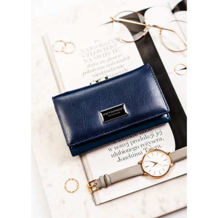 Portofel de damă din piele naturală și ecologică de culoare bleumarin, cu închidere cu capsă și clemă - Peterson PTR-PTN PX23-F773 NAVY [2]