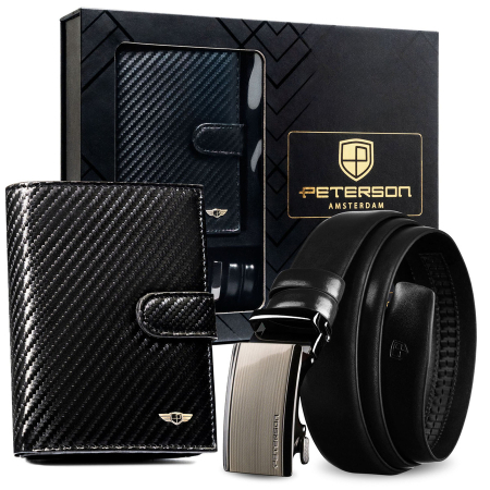  Handbags, Wallets & Cases  - Set cadou: portofel vertical bărbătesc de culoare neagră și curea din piele naturală cu cataramă automată - Peterson