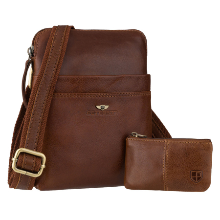  Handbags - Geantă bărbătească din piele maro, cu husă pentru chei inclusă - Peterson