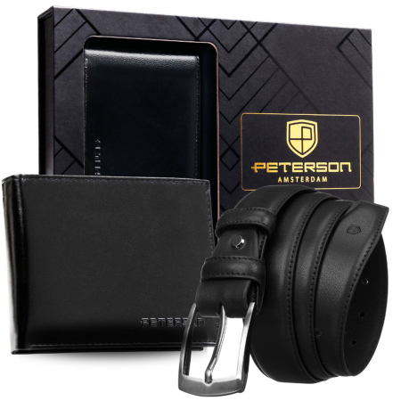 Accesorii Barbati - Set cadou: portofel orizontal bărbătesc negru cu sistem RFID și curea din piele ecologică - Peterson
