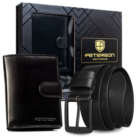 Handbags, Wallets & Cases  - Set cadou: portofel vertical bărbătesc de culoare neagră și curea din piele naturală cu cataramă clasică - Peterson