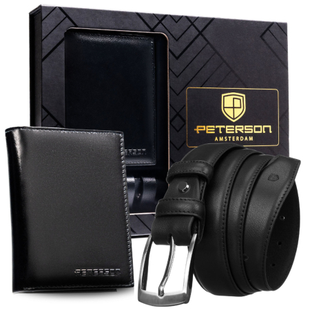 Accesorii Barbati - Set cadou: portofel bărbătesc din piele neagră cu sistem RFID și curea din piele ecologică - Peterson