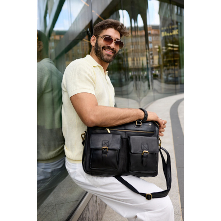 Geantă de laptop pentru bărbați, din piele naturală, de culoare neagră - Peterson PTR-PTN LAP-15601-NDM [1]