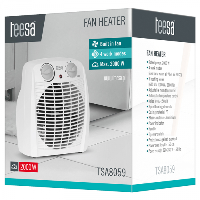 Aeroterma electrica, 3 trepte de incalzire 800/1200/2000W, Termostat reglabil, 4 moduri de functionare, alb [5]