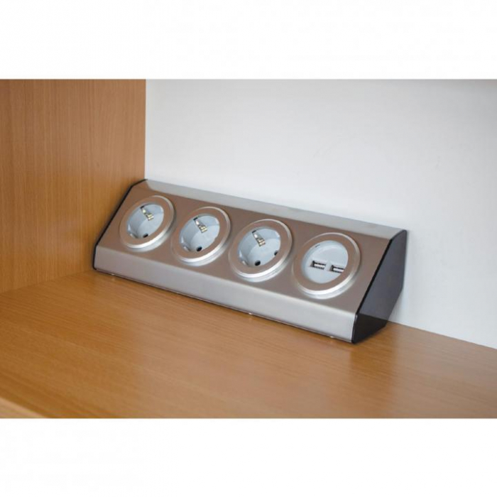 Prelungitor pentru bucatarie, 3 prize, 2x Usb, fara cablu, otel inoxidabil, 3680W [2]