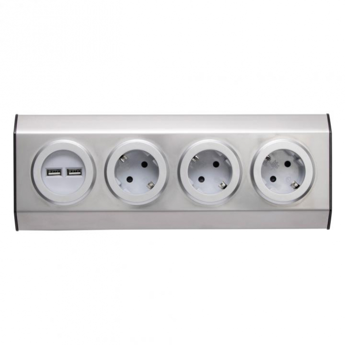 Prelungitor pentru bucatarie, 3 prize, 2x Usb, fara cablu, otel inoxidabil, 3680W [1]
