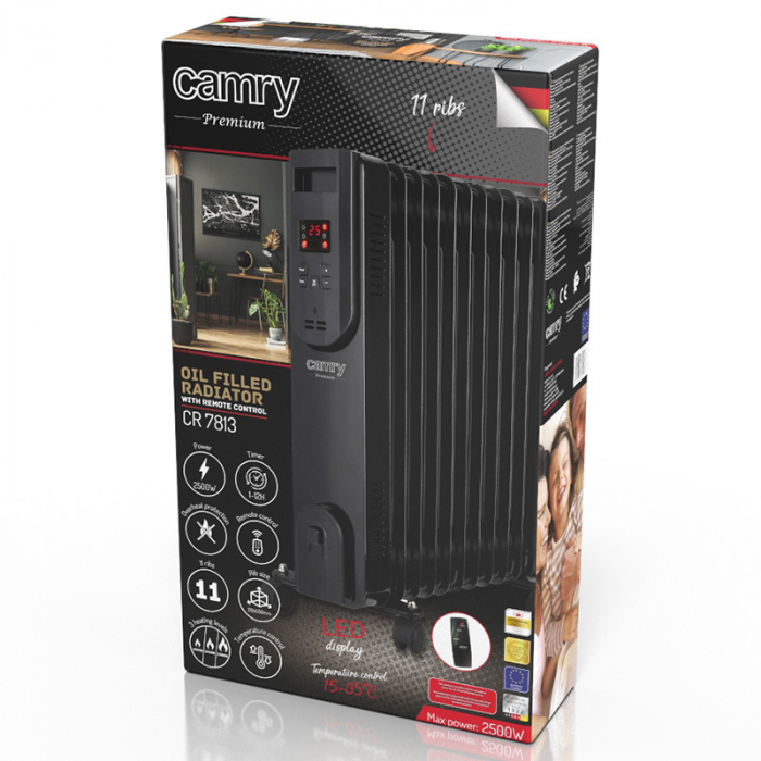 Radiator pe ulei, 11 elementi, 2500W, 3 trepte de caldura, display LED, telecomada, negru [7]