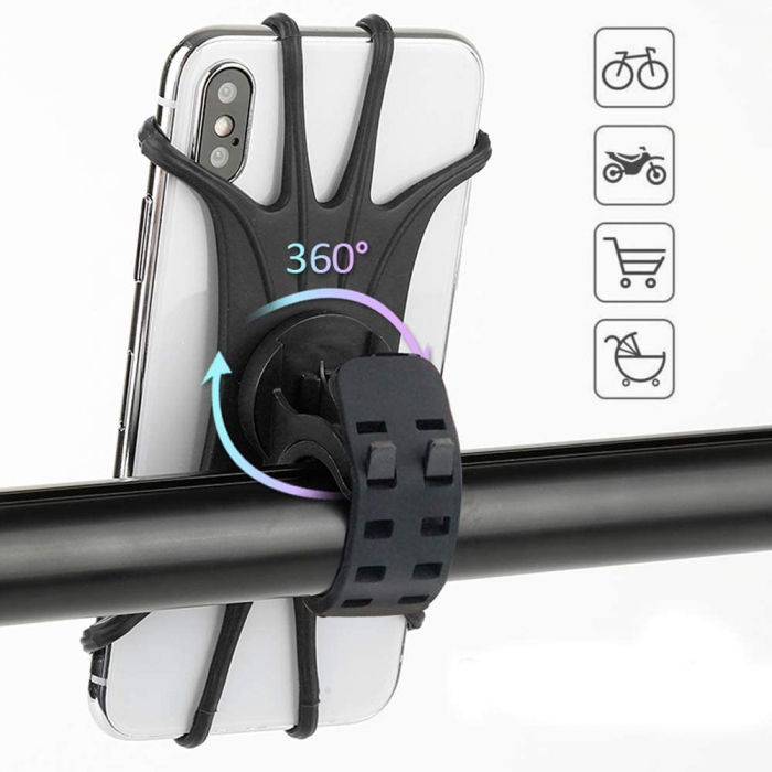 Suport telefon universal pentru bicicleta detasabil, din silicon, rotativ 360⁰, montaj pe ghidon, compatibil bicicleta, carut, trotineta, scuter, negru [1]