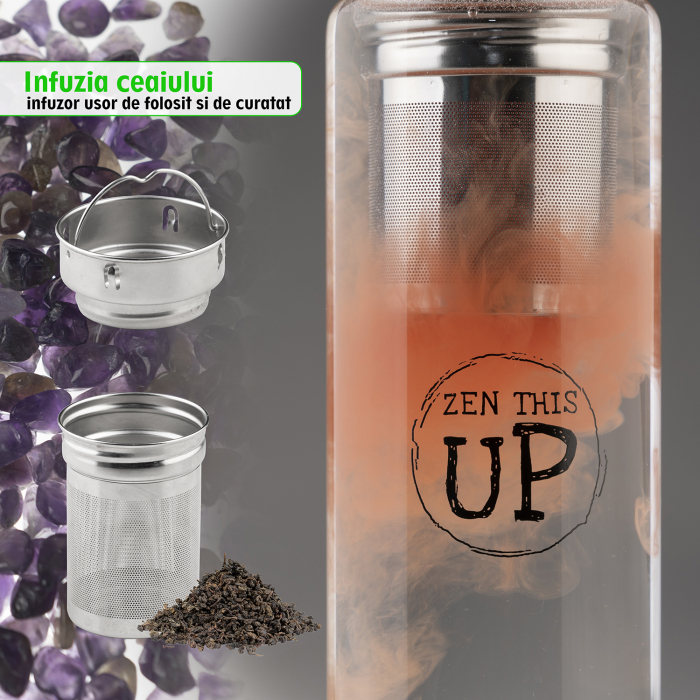 Sticla Cristale Naturale Ametist cu Capac Inox, ZenThisUp, 500 ml, pentru apa, ceai, sucuri, Husa Protectie cu Maner [6]