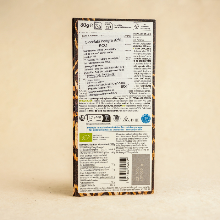 Vivani Ciocolata neagra 92% 80g ECO [2]
