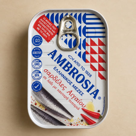 Toate Produsele - Sardine Ambrosia din Marea Egee în ulei vegetal, picante 105 g