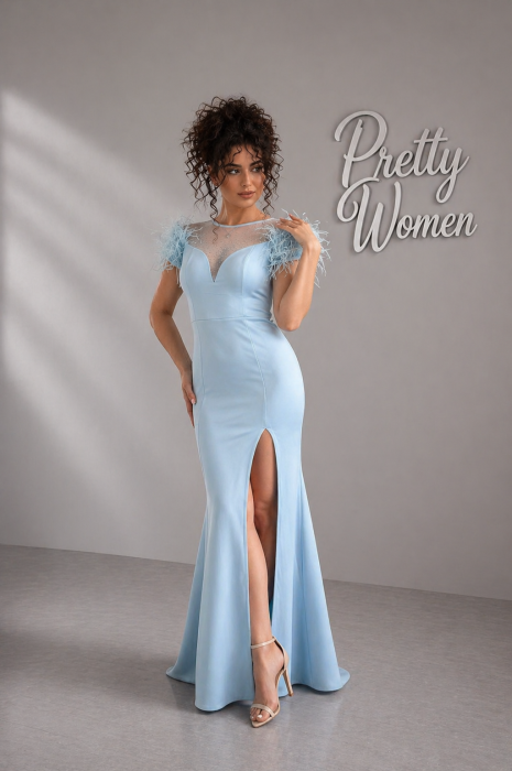 Rochie bleu cu strasuri si pene pe umeri [4]