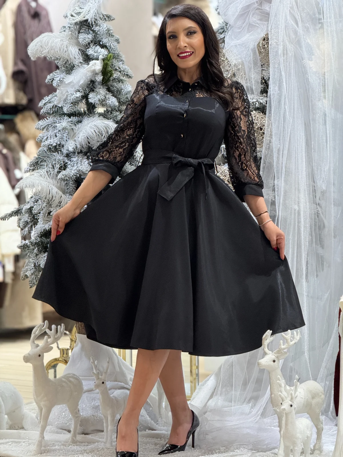 Rochie dama neagra din tafta cu maneci din dantela