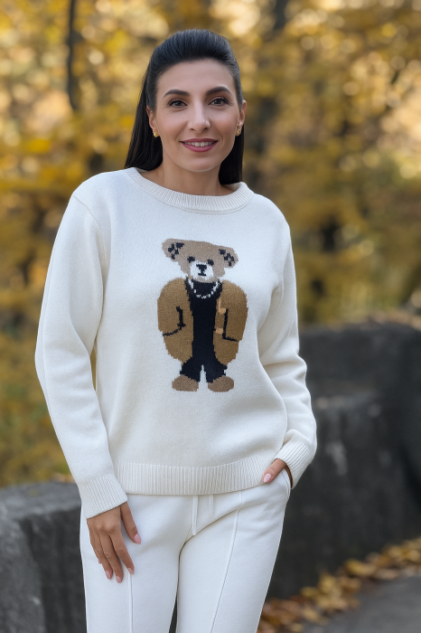 Blluza dama crem tricotata cu imprimeu ursulet [1]