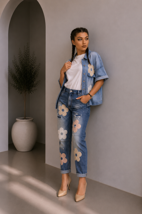 Blugi dama albastri cu broderie florala colorata [4]