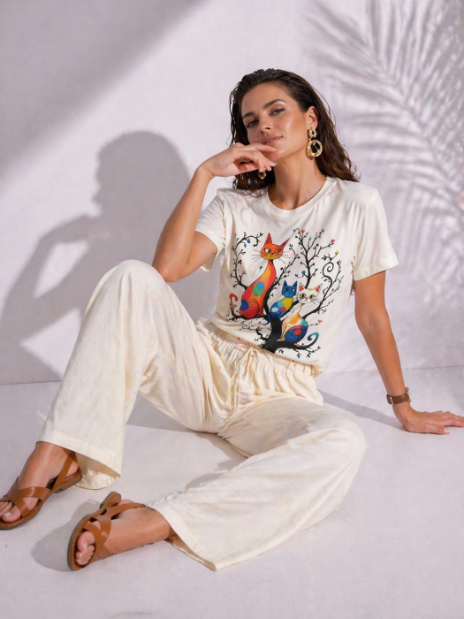 Bluza dama alba cu imprimeu pisicute in copac [4]