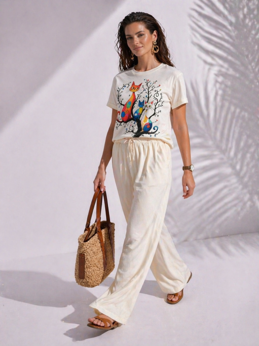 Bluza dama alba cu imprimeu pisicute in copac [3]