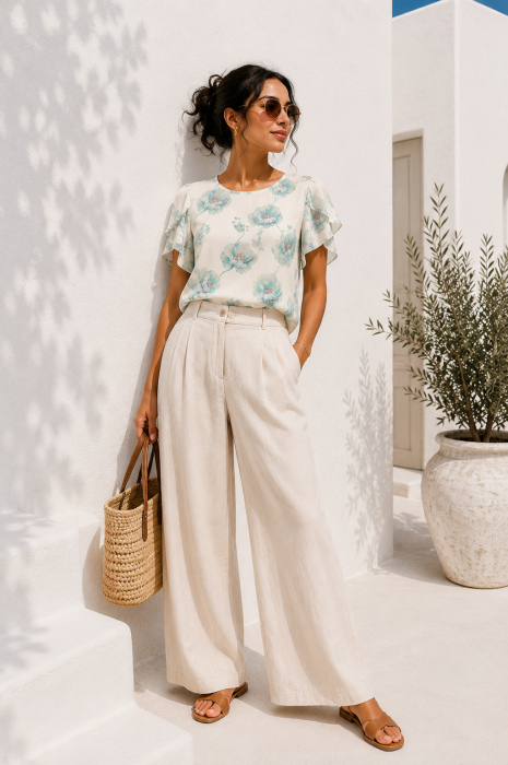Bluza dama alba cu maneca scurta si imprimeu floral verde [2]