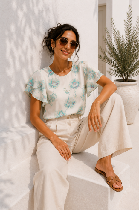 Bluza dama alba cu maneca scurta si imprimeu floral verde [4]