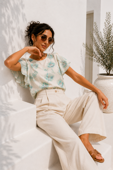 Bluza dama alba cu maneca scurta si imprimeu floral verde [3]