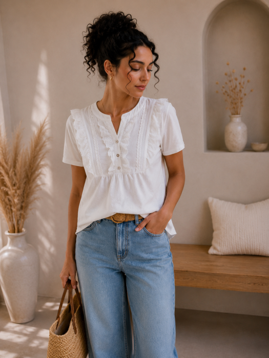 Bluza dama alba din bumbac cu insertii din dantela [3]