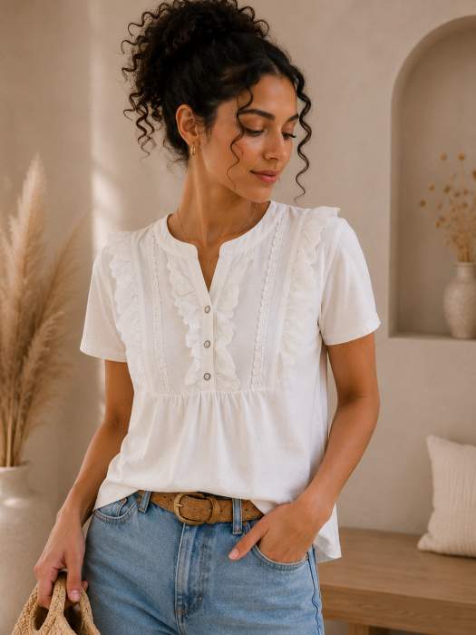 Bluza dama alba din bumbac cu insertii din dantela [2]