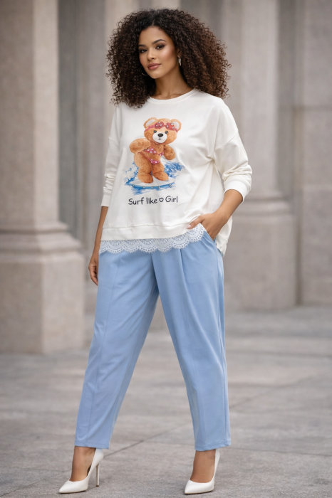 Bluza dama alba din bumbac cu ursulet si dantela [4]