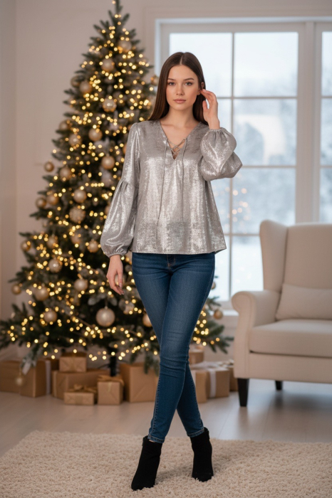 Bluza dama argintie cu snur la gat [2]