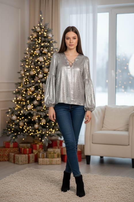 Bluza dama argintie cu snur la gat [3]