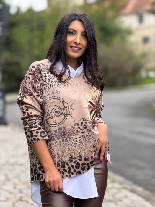 Bluza dama bej cu imprimeu tigrat