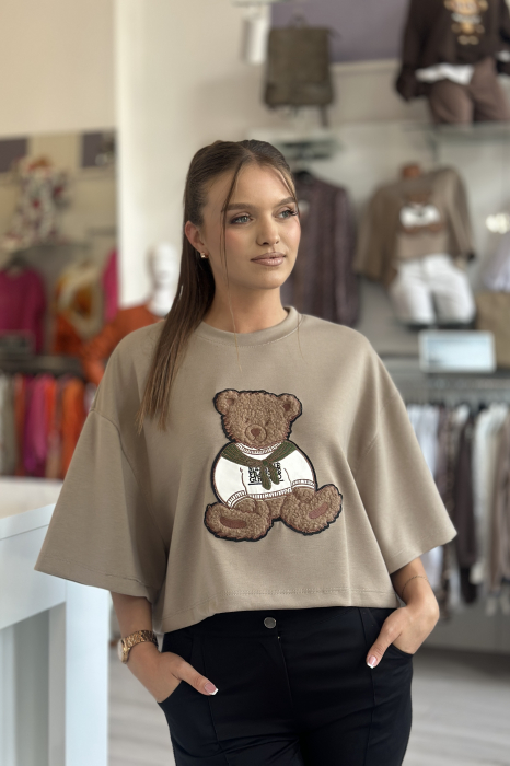 Bluza dama bej cu imprimeu ursulet