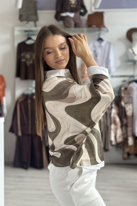 Bluza dama bej cu verde tip fluture cu imprimeu ondulat [3]