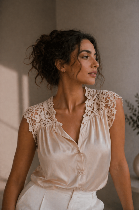 Bluza dama bej din satin cu broderie florala [3]
