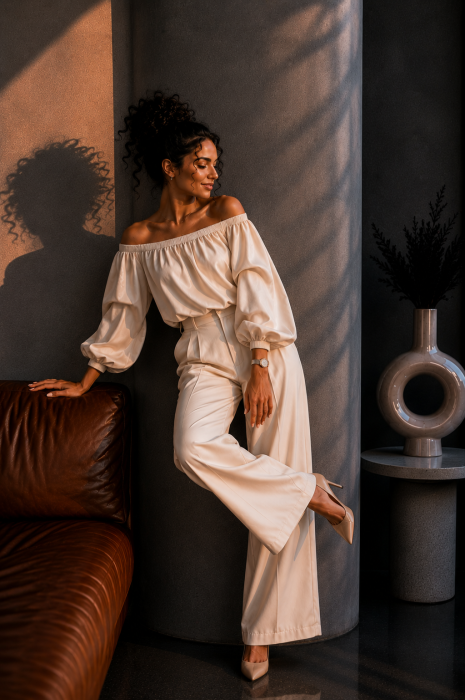 Bluza dama bej din satin cu maneci bufante [2]