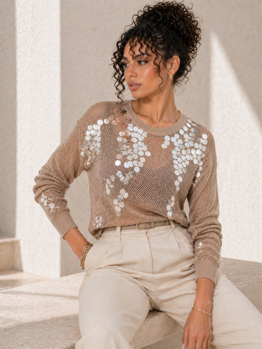 Bluza dama bej perforata cu aplicatii paiete [3]