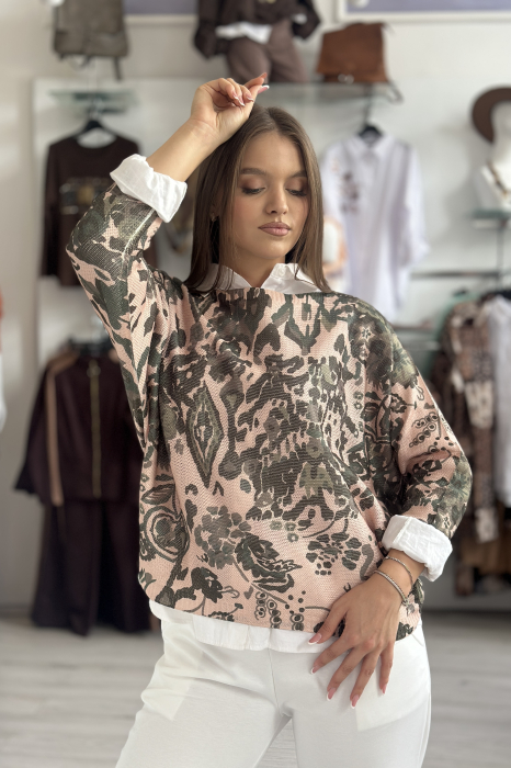 Bluza dama bej cu verde tip fluture cu imprimeu ondulat [2]